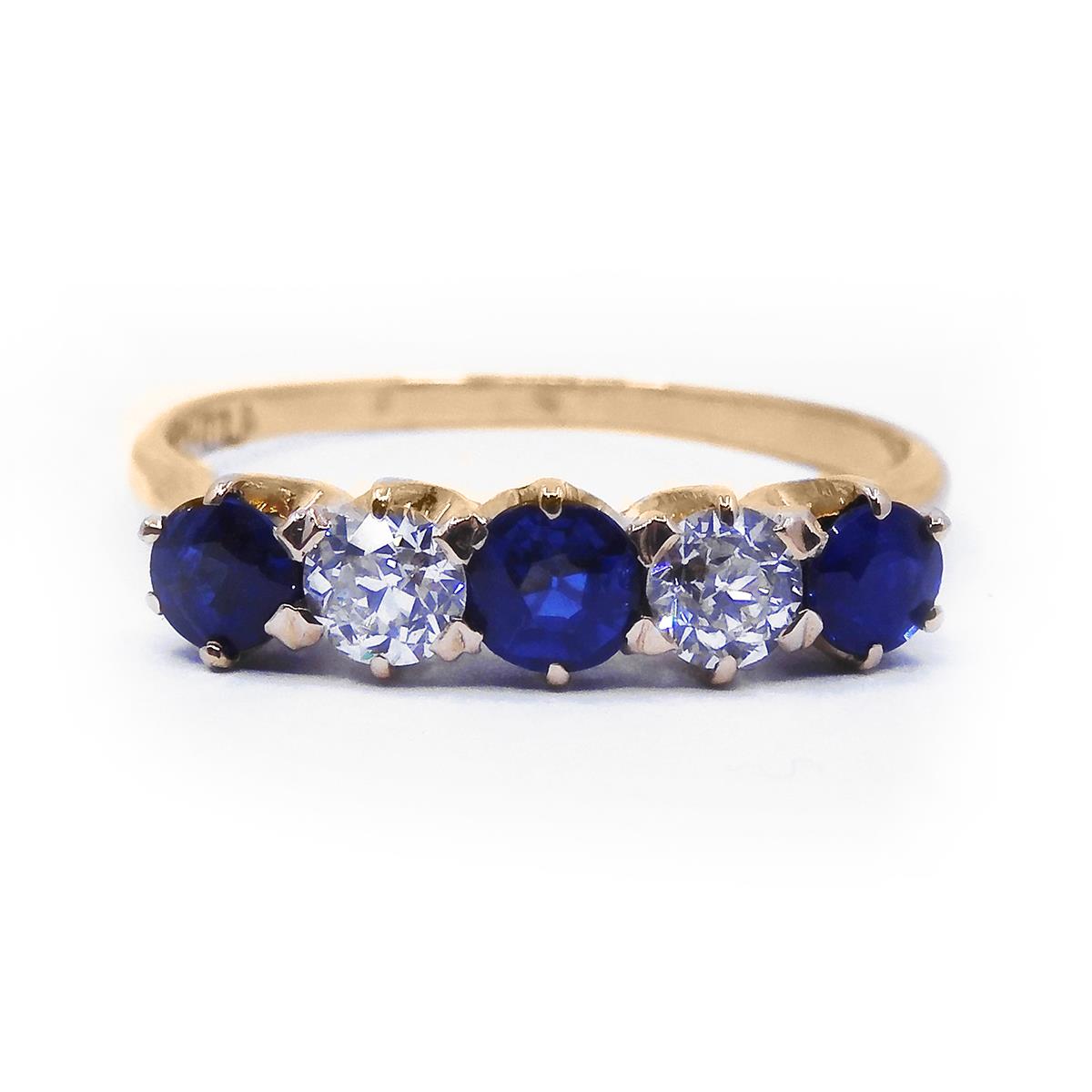 Sapphire and Diamond Five Stone Ring Pre-Loved 18K Yellow Gold