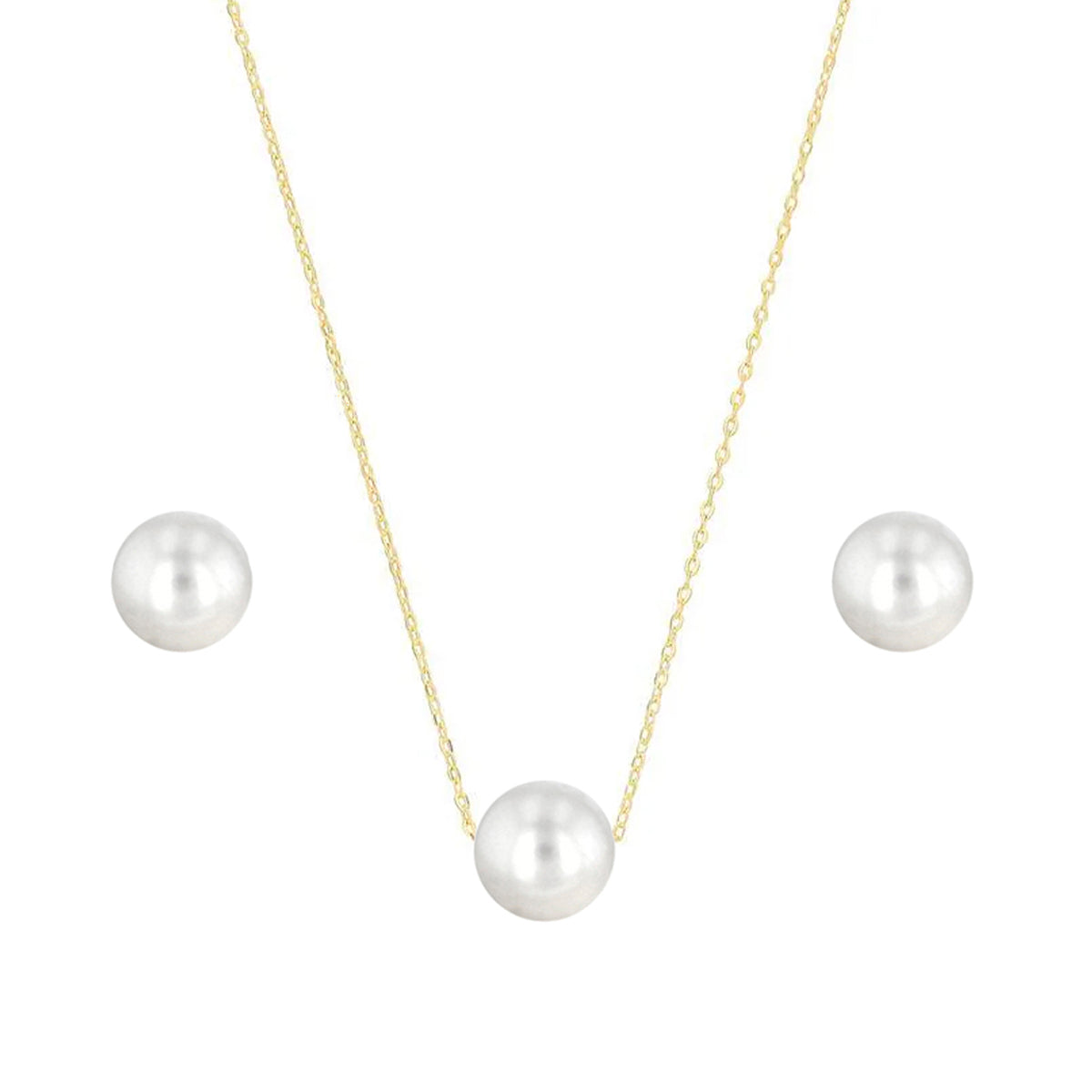 Soleil Collection 6mm Freshwater Pearl Earring and Threaded Necklace Set 9K Solid Yellow Gold
