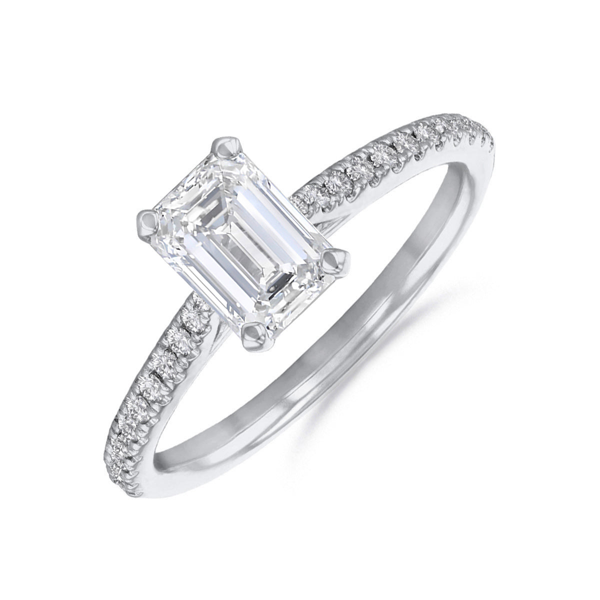 Ophelia Shoulder Set Emerald Cut Diamond Solitaire Engagement Ring 18ct White Gold