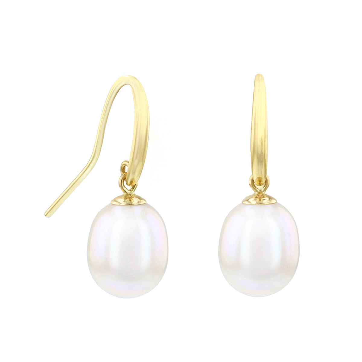 Pearlessence White Teardrop Cultured River Pearl Drop Earrings With Shepherds Crook | 9K Yellow Gold