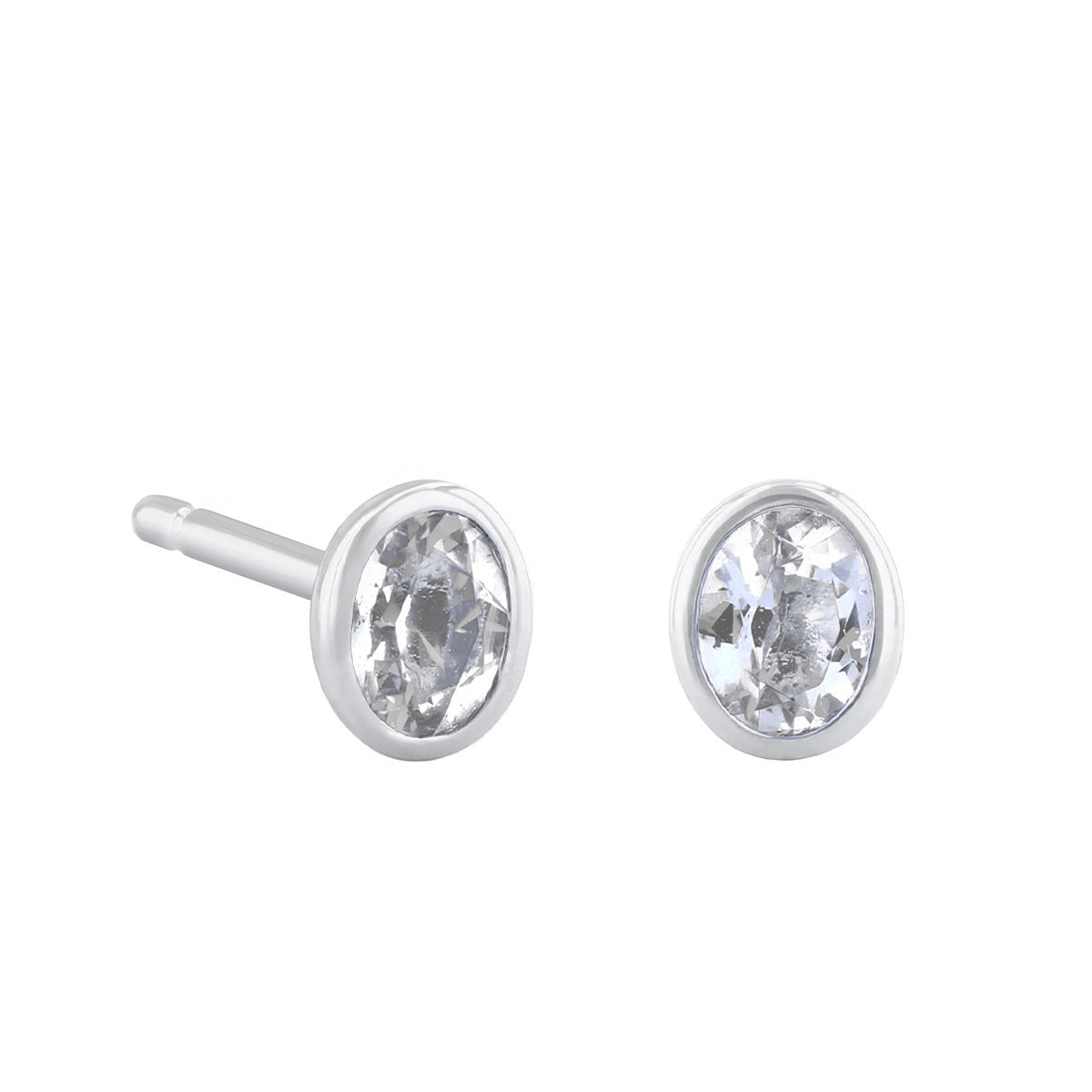 Birthstone Oval Bezel Set Stud Earrings | 9K White Gold