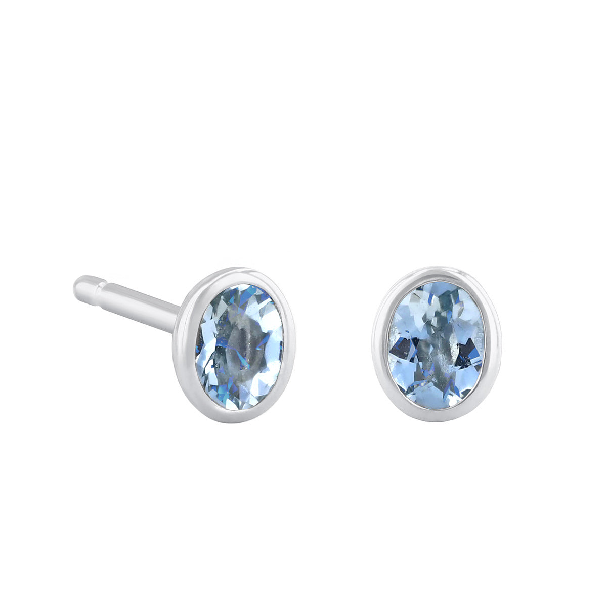 Birthstone Oval Bezel Set Stud Earrings | 9K White Gold