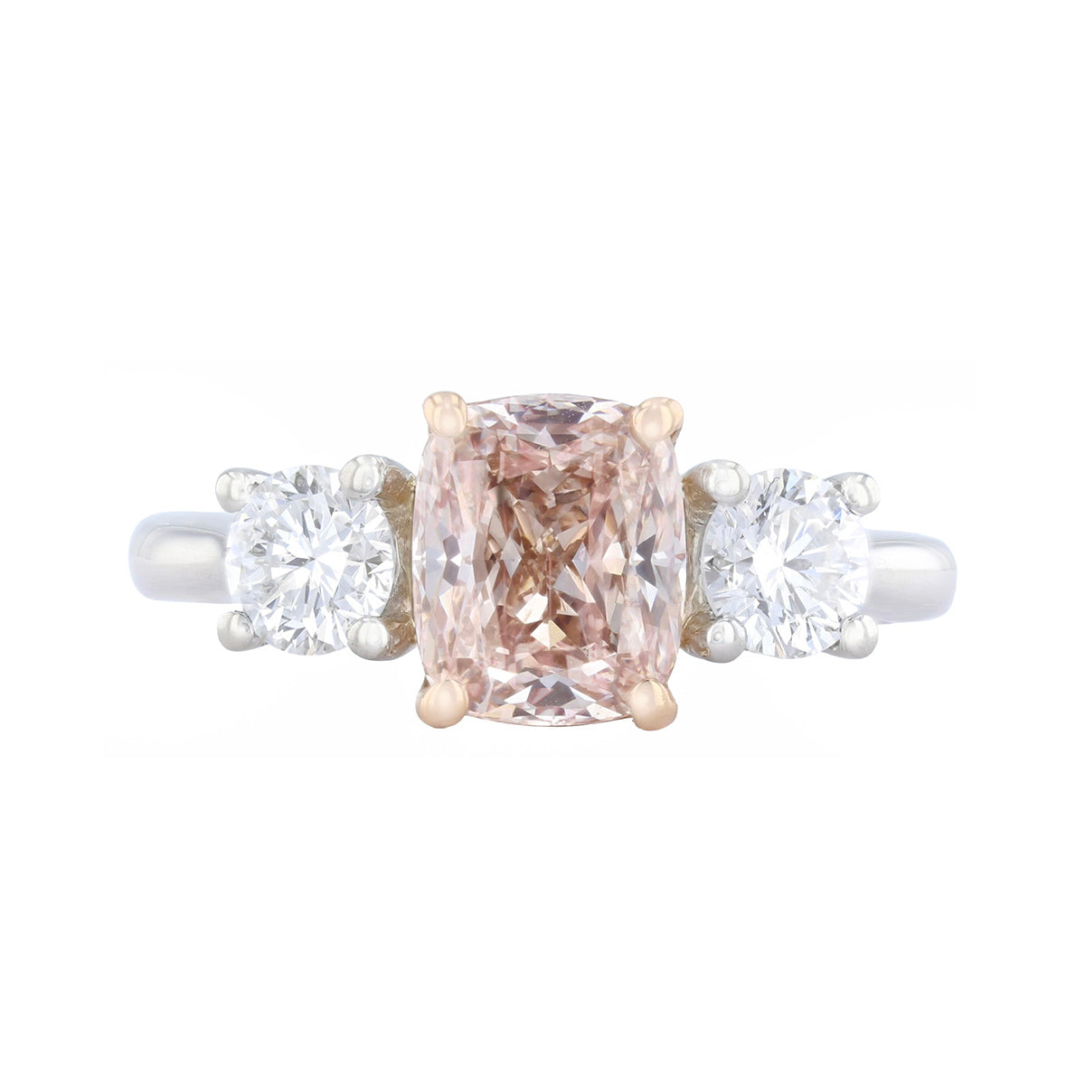 1.66ct Cushion Cut Fancy Pink Lab-Grown Diamond and 0.70ct Brilliant Cut Three Stone Engagement Ring | Platinum & 18K Rose Gold