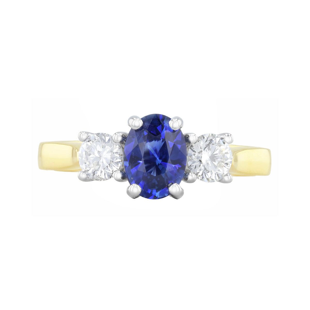 Heirloom Collection 1.20ct Ceylon Sapphire and 0.52ct Diamond Three Stone Ring | 18K Yellow Gold & Platinum