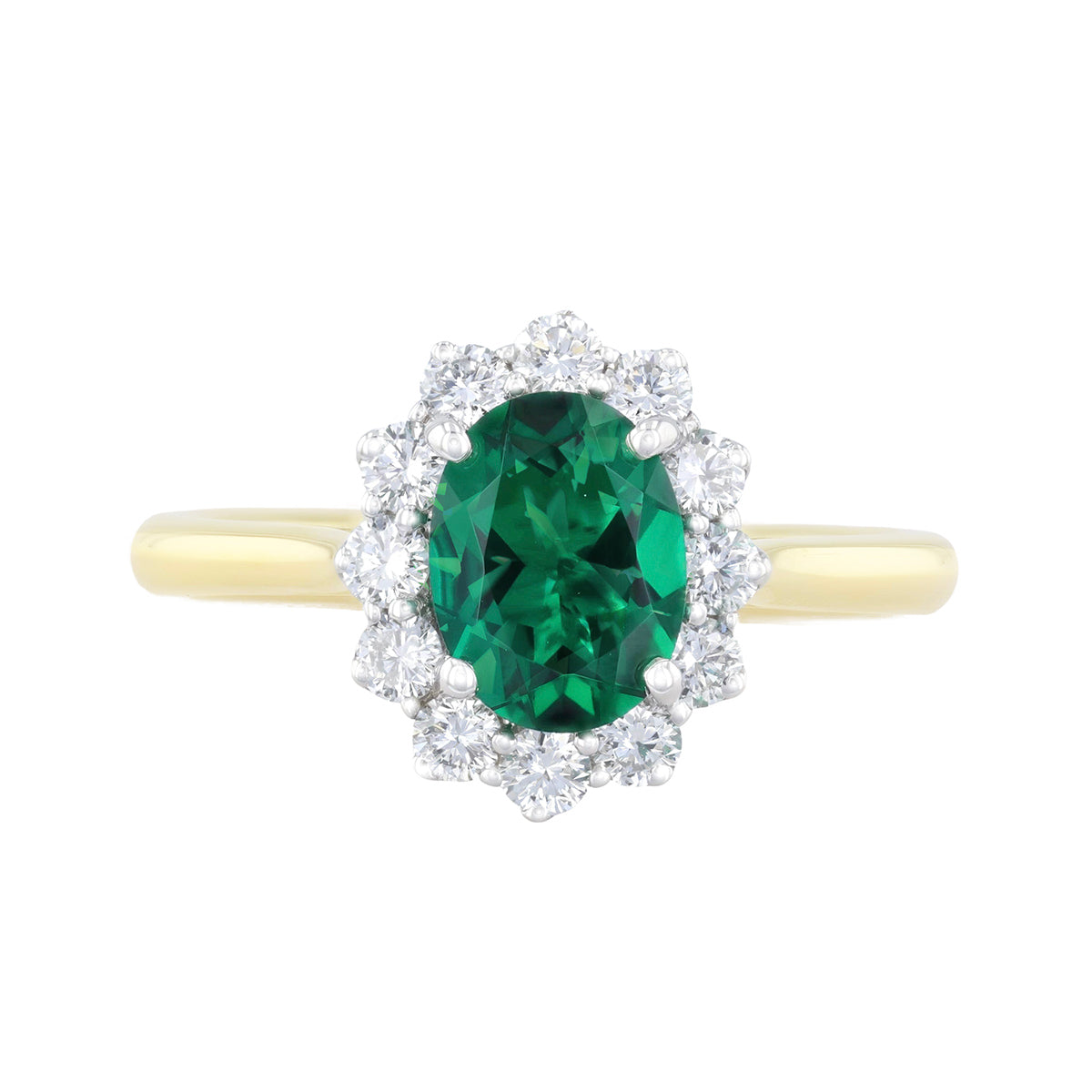 Heirloom Collection 1.00ct Oval Cut Synthetic Emerald and 0.49ct Brilliant Cut Lab-Grown Diamond Cluster Ring | 9K Yellow Gold