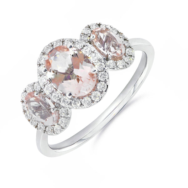 10K Rose Gold 3-Stone Engagement Ring - Morganite, Champagne & White Diamond Swirl Halo Design (Size 6)
