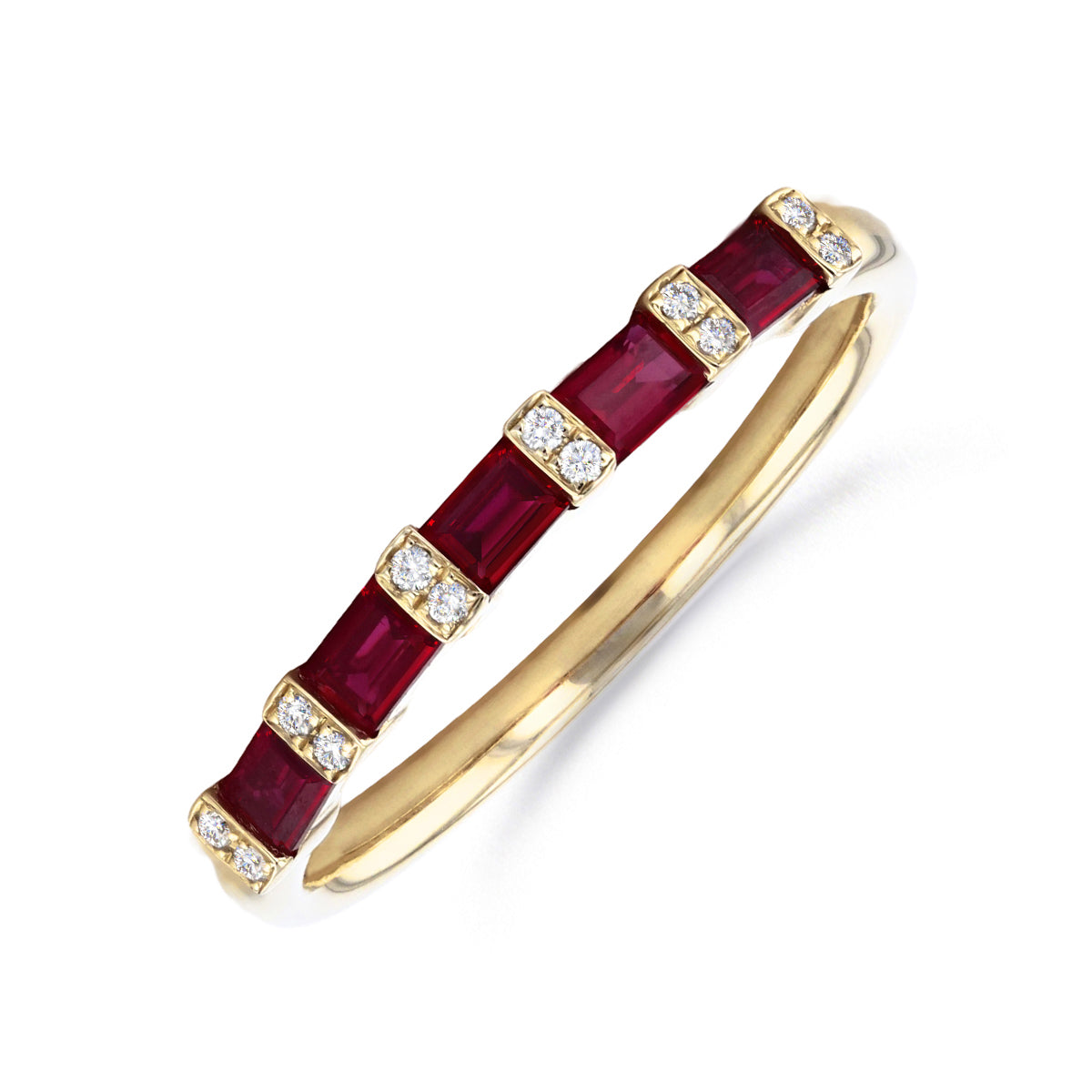 Bijou Collection Baguette Cut Ruby and Diamond Half Eternity Ring 9K Yellow Gold